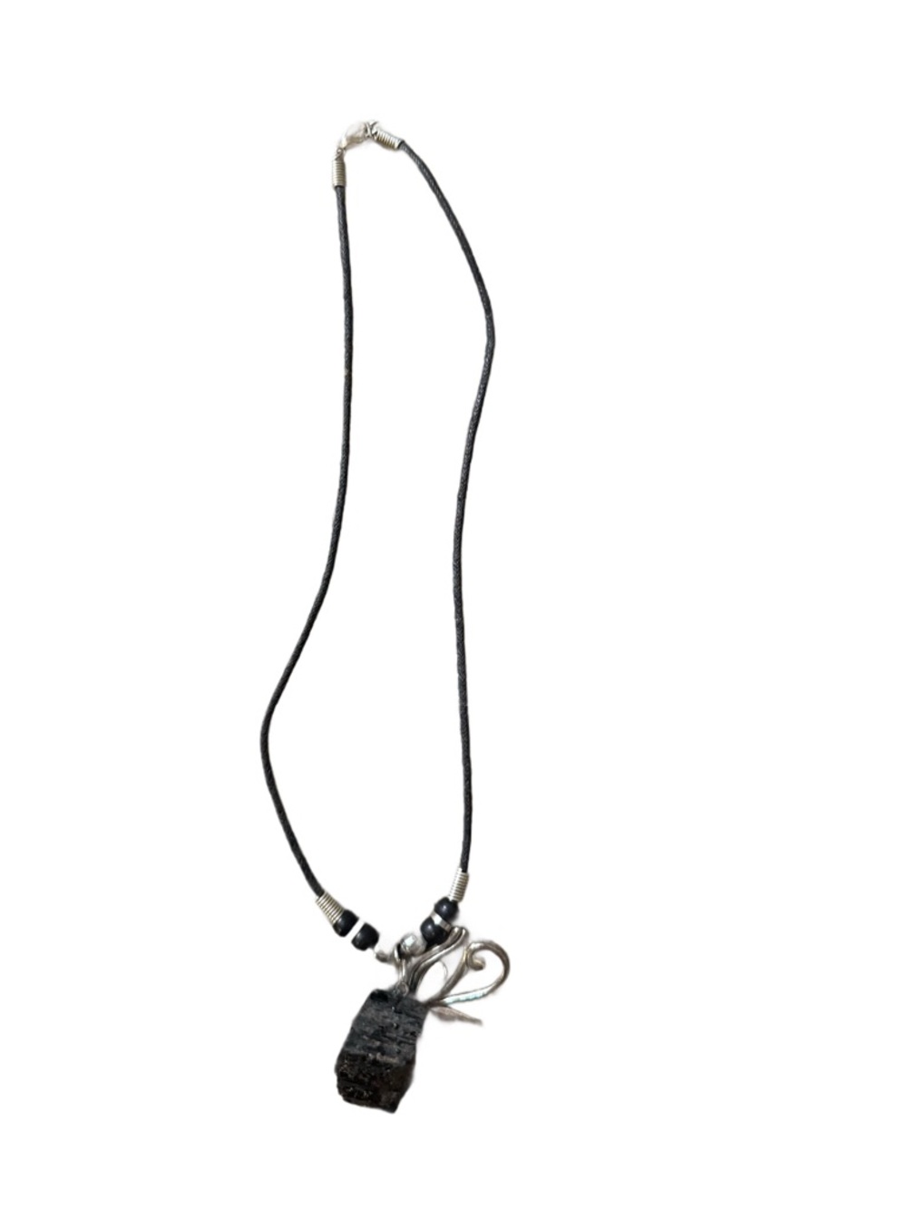 Black Cord Necklace with Textured Dark Pendant and Silver Accents